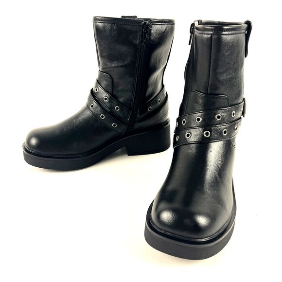 POP Biker Boots Womens SZ 8M Black Faux Leather Buckle Strap Zip Block Heel - Picture 1 of 16